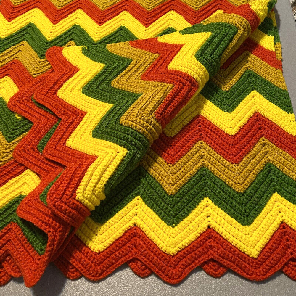 Vtg Chevron Afghan Crochet Throw Blanket 64x50" Green Orange Brown Yellow Zigzag